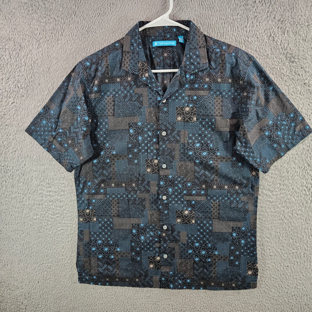 Tori Richard Cotton Lawn Shirt Womens Medium Black Blue Geometric Patchwork